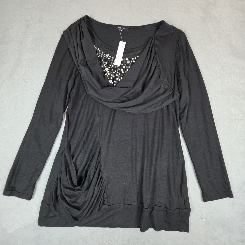 Panilli Womens Black Embellished Blouse Medium Sheer Draped Neck Stretch Top NWT